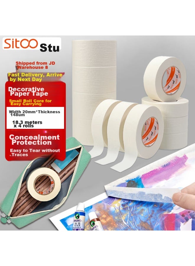 Sitoo Masking Tape 20mm*20y*145μm For Art And Craft Color Separation, Renovation Masking, Paint Protection, Seamless Sticker, Study Supplies, 4 Rolls - Image 1