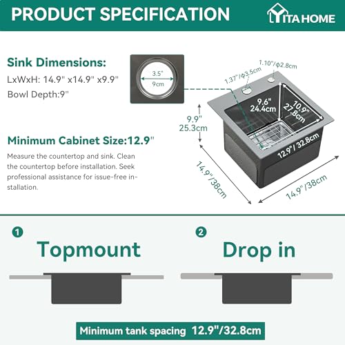YITAHOME حوض مطبخ صغير أسود من YITAHOME 15 بوصة من الفولاذ المقاوم للصدأ بطلاء نانو أسود Gunmetal مع ملحقات واقية، وعاء واحد لمحطة العمل، بار 15 × 15 × 10 بوصة - Image 2