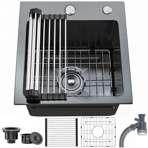 YITAHOME حوض مطبخ صغير أسود من YITAHOME 15 بوصة من الفولاذ المقاوم للصدأ بطلاء نانو أسود Gunmetal مع ملحقات واقية، وعاء واحد لمحطة العمل، بار 15 × 15 × 10 بوصة - Image 1