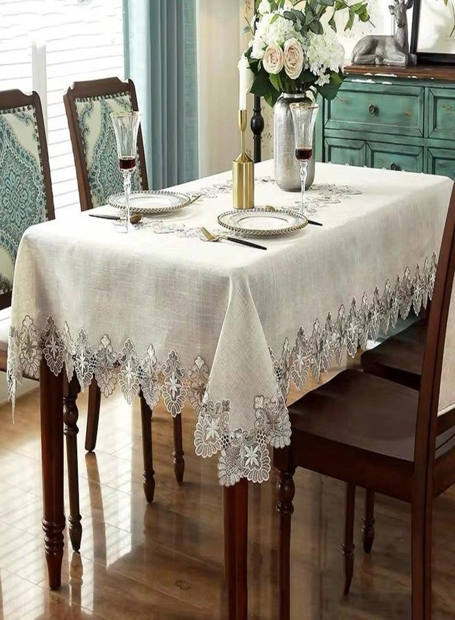 MONKDECOR Luxury Linen Table Cover for 8 Seater Dining Table | 60x108 Inches Rectangle | Elegant Cutwork Lace Border | Grey Lace on Beige | Decorative Dining Tablecloth - Image 1
