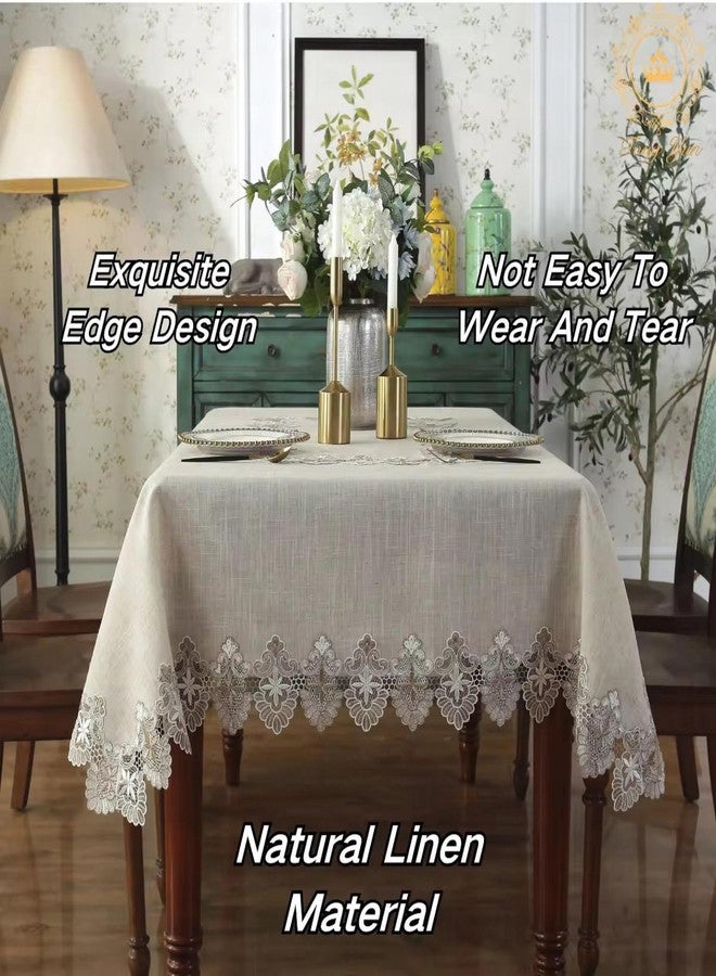 MONKDECOR Luxury Linen Table Cover for 8 Seater Dining Table | 60x108 Inches Rectangle | Elegant Cutwork Lace Border | Grey Lace on Beige | Decorative Dining Tablecloth - Image 4