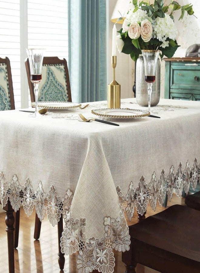 MONKDECOR Luxury Linen Table Cover for 8 Seater Dining Table | 60x108 Inches Rectangle | Elegant Cutwork Lace Border | Grey Lace on Beige | Decorative Dining Tablecloth - Image 2