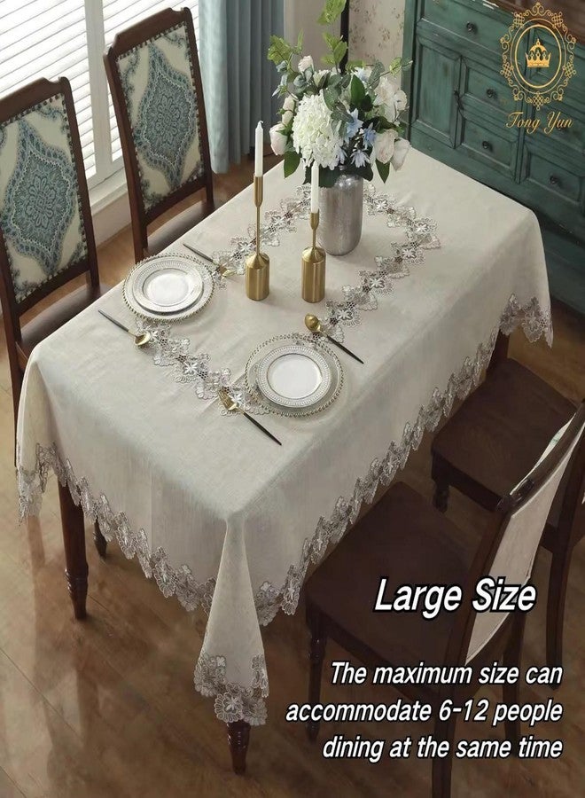 MONKDECOR Luxury Linen Table Cover for 8 Seater Dining Table | 60x108 Inches Rectangle | Elegant Cutwork Lace Border | Grey Lace on Beige | Decorative Dining Tablecloth - Image 5