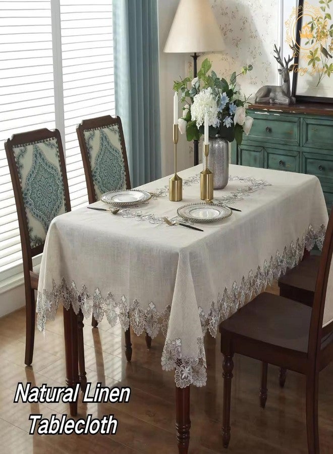 MONKDECOR Luxury Linen Table Cover for 8 Seater Dining Table | 60x108 Inches Rectangle | Elegant Cutwork Lace Border | Grey Lace on Beige | Decorative Dining Tablecloth - Image 3