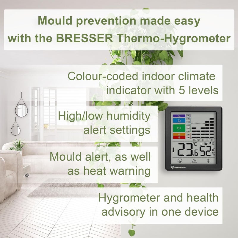 BRESSER Thermo-Hygrometer with Mould Warning, Colour Indicator, Room Climate Manager, Measures Temperature and Humidity, Flu/Heat Alarm, Graphic Moisture History, 95 x 85 x 21 mm Balanced universal design - Image 3