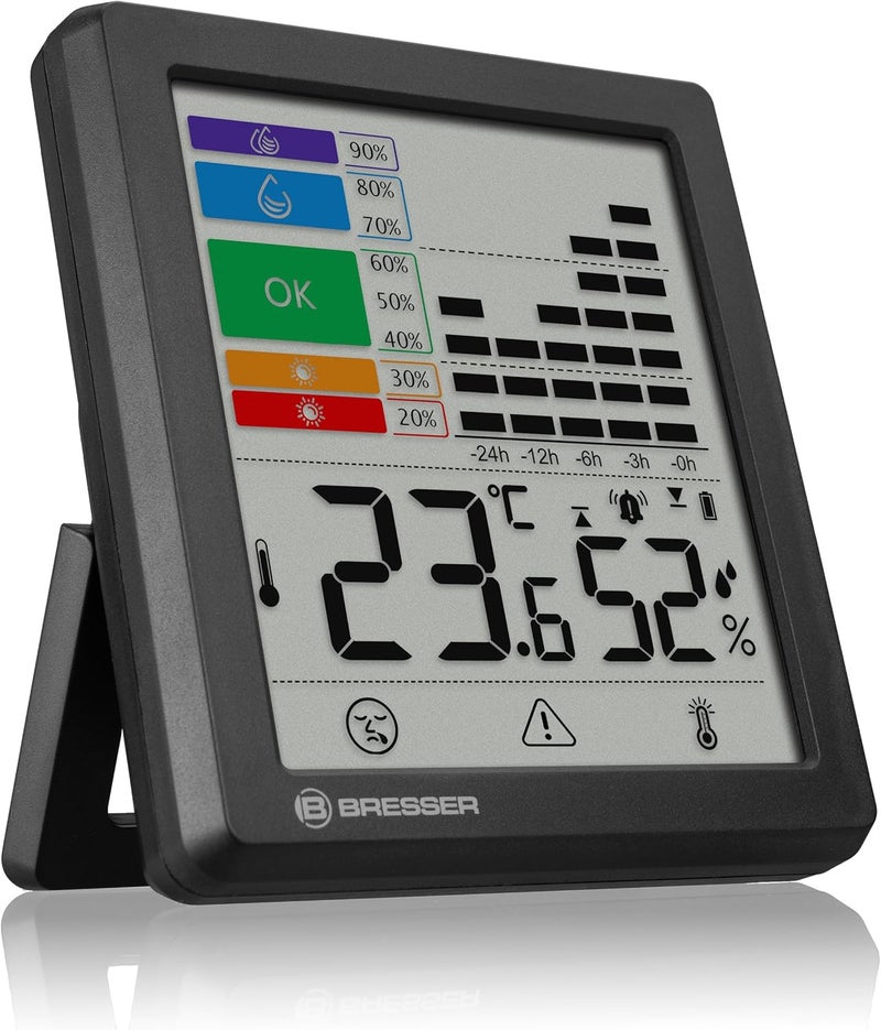 BRESSER Thermo-Hygrometer with Mould Warning, Colour Indicator, Room Climate Manager, Measures Temperature and Humidity, Flu/Heat Alarm, Graphic Moisture History, 95 x 85 x 21 mm Balanced universal design - Image 1
