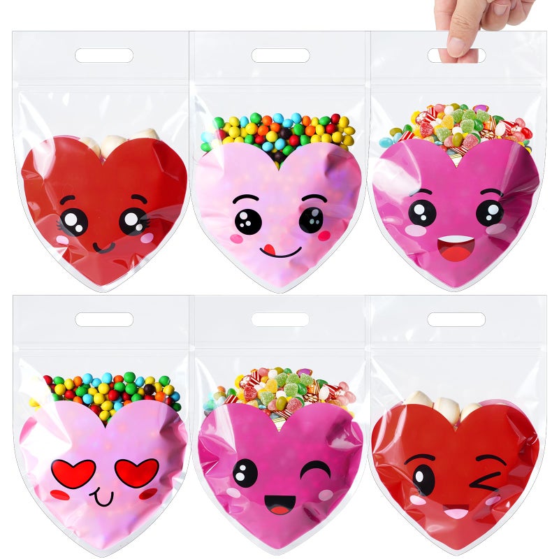 Hallswl 60pcs Valentine's Day Plastic Resealable Gift Bag,Red Pink Heart Candy Goodie Treat Bags with Handles for Kids Party Favor Supplies Classroom Gift Exchange Prizes,9X6inch - Image 1