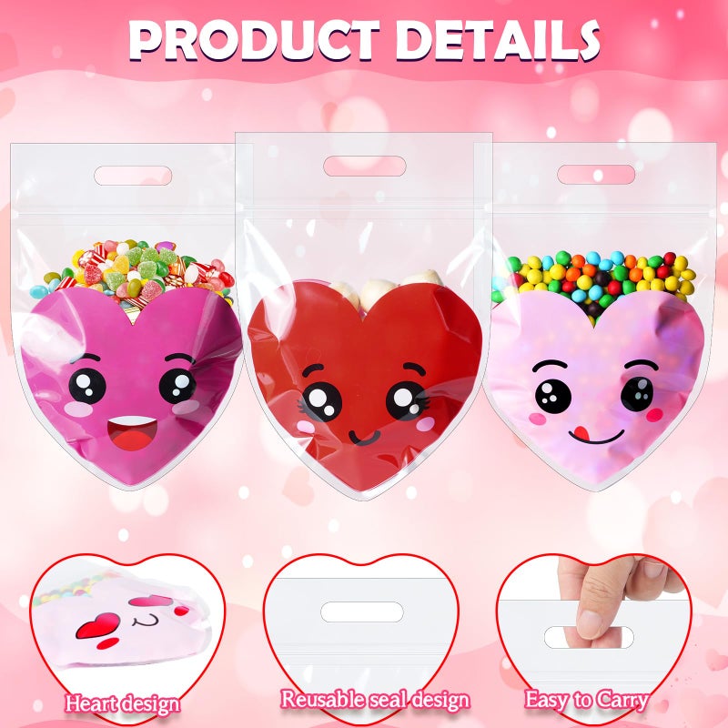 Hallswl 60pcs Valentine's Day Plastic Resealable Gift Bag,Red Pink Heart Candy Goodie Treat Bags with Handles for Kids Party Favor Supplies Classroom Gift Exchange Prizes,9X6inch - Image 3