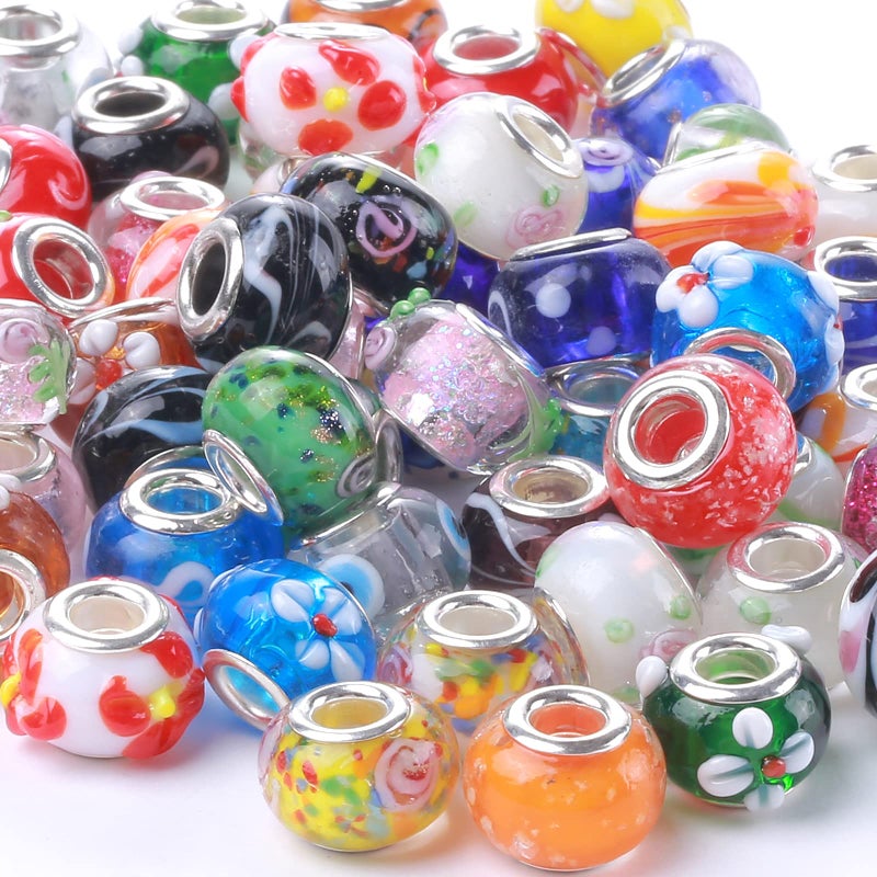 Weebee Murano Glass Beads Large Hole Glass Beads European Lampwork Spacer Charms Bead Silver Plated Cores Bracelet Charm for DIY Crafts Jewelry Making 50 Pcs Mixed
