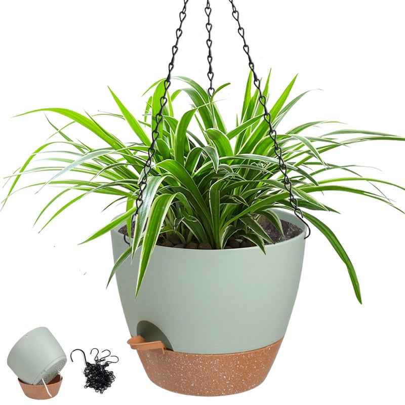 Vanslogreen Hanging Planters for Indoor Outdoor Plants 1 Set Self Watering Hanging Pot with Drainage Holes  Removable Tray Green12inch 12