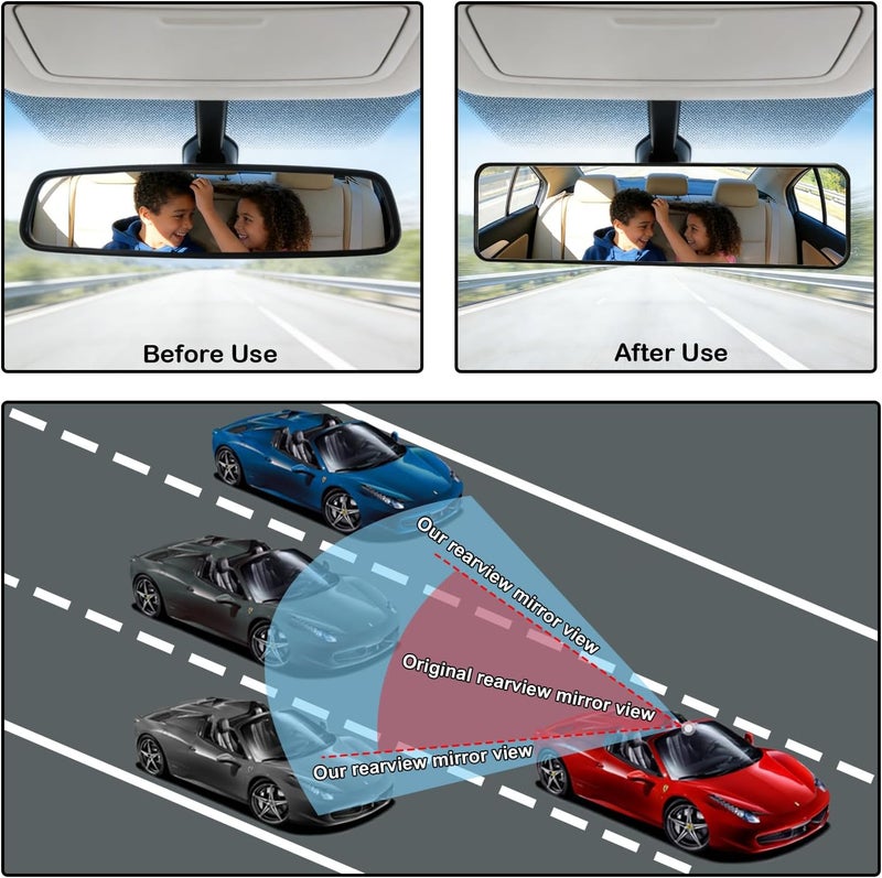 Kitbest Rear View Mirror, Universal Car Interior Rearview Mirror Clip On Panoramic Rearview Mirror – Wide Angle – Convex – For Cars, SUV, Trucks (11.4” L x 2.9” H) - Image 2