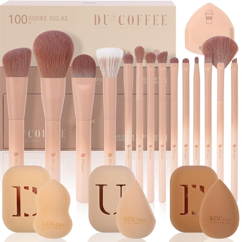 DUcare Makeup Brushes 14Pcs Coffee Series Makeup Brush set with Makeup Sponges Valentines Day Christmas Gifts Foundation Blending Face Powder Blush Eye Shadows Brushes