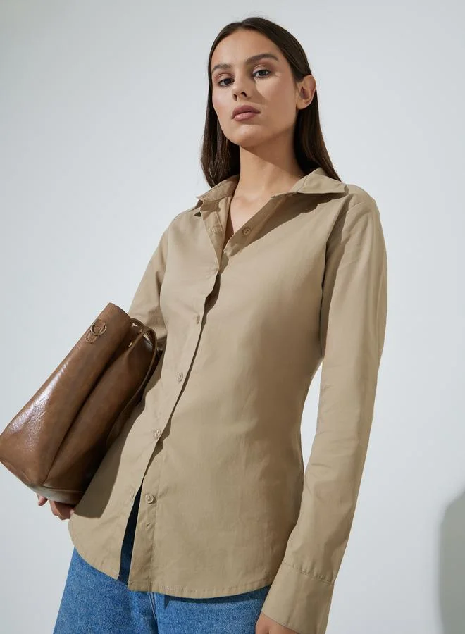 Styli Beige Long Sleeve Fitted Shirt with Back Lace-Up Detail