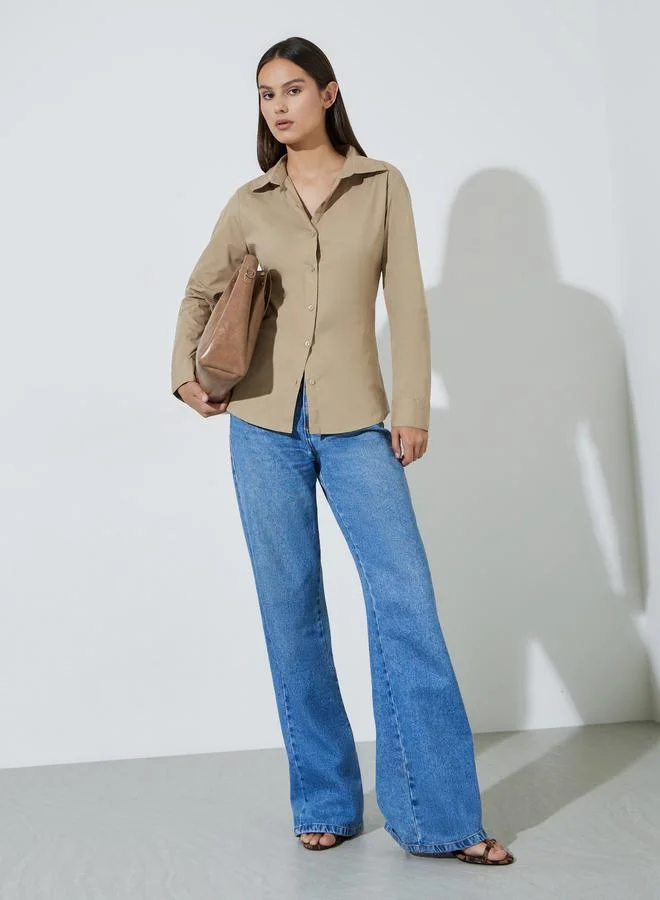 Styli Beige Long Sleeve Fitted Shirt with Back Lace-Up Detail