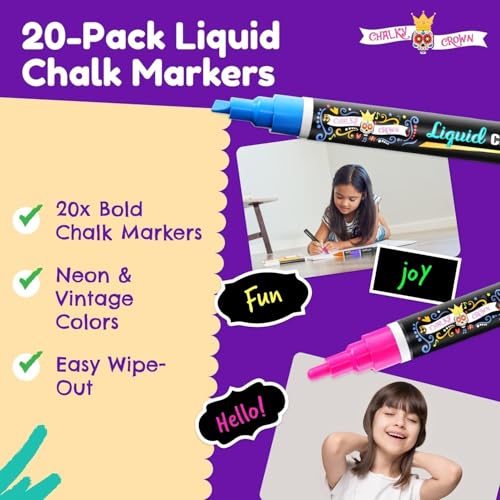 CHALKY CROWN Bold Chalk Markers - Dry Erase Marker Pens - Liquid Chalk Markers for Chalkboards, Signs, Windows, Blackboard, Glass - Reversible Tip (20 Pack) - (Multicolored, 6mm) - Image 2