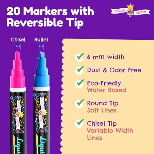 CHALKY CROWN Bold Chalk Markers - Dry Erase Marker Pens - Liquid Chalk Markers for Chalkboards, Signs, Windows, Blackboard, Glass - Reversible Tip (20 Pack) - (Multicolored, 6mm) - Image 3