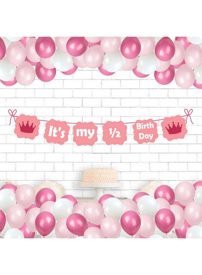 Untumble Half Birthday banner for baby girl and balloon decor kit for a 6 month birthday containing a It's my half birthday banner in Pink and 20 Pink & White balloons (Pack of 21) - Image 1