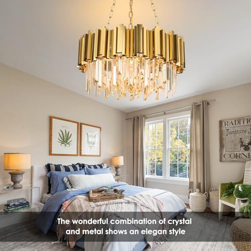 AKDXIRUN Modern Chandeliers Crystal with Light Gold Crystal Chandelier Hanging Ceiling Light Fixture 9 Lights Chandelier Modern Crystal Round Pendant Light Fixture Dining Room Living Room Bedroom W22in - Image 3