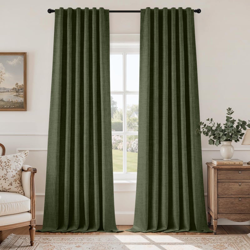 HOMEIDEAS 100% Blackout Faux Linen Olive Green Curtainsï¼ŒModern Farmhouse Luxury Winter Curtains 84 Inches Long 2 Panels, Rod Pocket & Back Tab for Boho Vintage Living Room,Bedroom Decor - Image 1