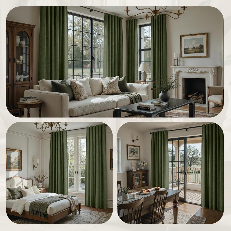 HOMEIDEAS 100% Blackout Faux Linen Olive Green Curtainsï¼ŒModern Farmhouse Luxury Winter Curtains 84 Inches Long 2 Panels, Rod Pocket & Back Tab for Boho Vintage Living Room,Bedroom Decor - Image 2