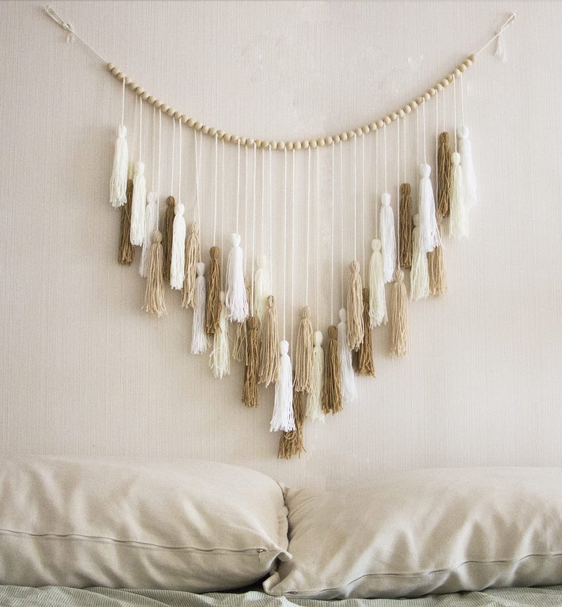 Decocove Large Macrame Wall Hanging with Wood Beads - Bohemian Wall Decor for Bedroom, Living Room and Kitchen - Cream and Beige - 35'' x 36'' - Image 2