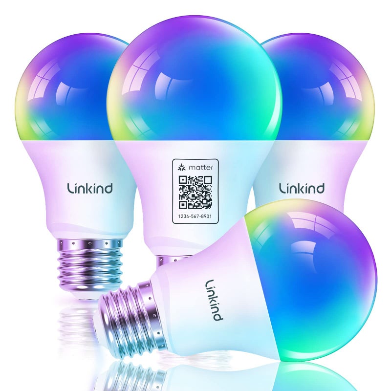 Linkind Matter Smart Light Bulb, Smart Bulbs Work with Apple Home, Siri, Alexa, Google, SmartThings, LED RGBTW Color Changing Bulbs Music Sync,A19 E26 60W 800LM, 2.4GHz WiFi Only, 4 Pack - Image 1