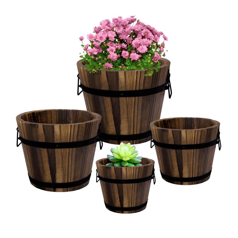 Adnee 4 Pack Wooden Whiskey Barrel Planters - 4 Sizes Wooden Bucket Barrel Garden Planters Set - Rustic Flower Planters Pots Container for Indoor Outdoor Garden Home Plants(4.7",6.1",7.1",9") - Image 1