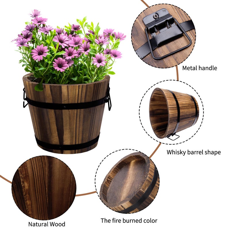 Adnee 4 Pack Wooden Whiskey Barrel Planters - 4 Sizes Wooden Bucket Barrel Garden Planters Set - Rustic Flower Planters Pots Container for Indoor Outdoor Garden Home Plants(4.7",6.1",7.1",9") - Image 3