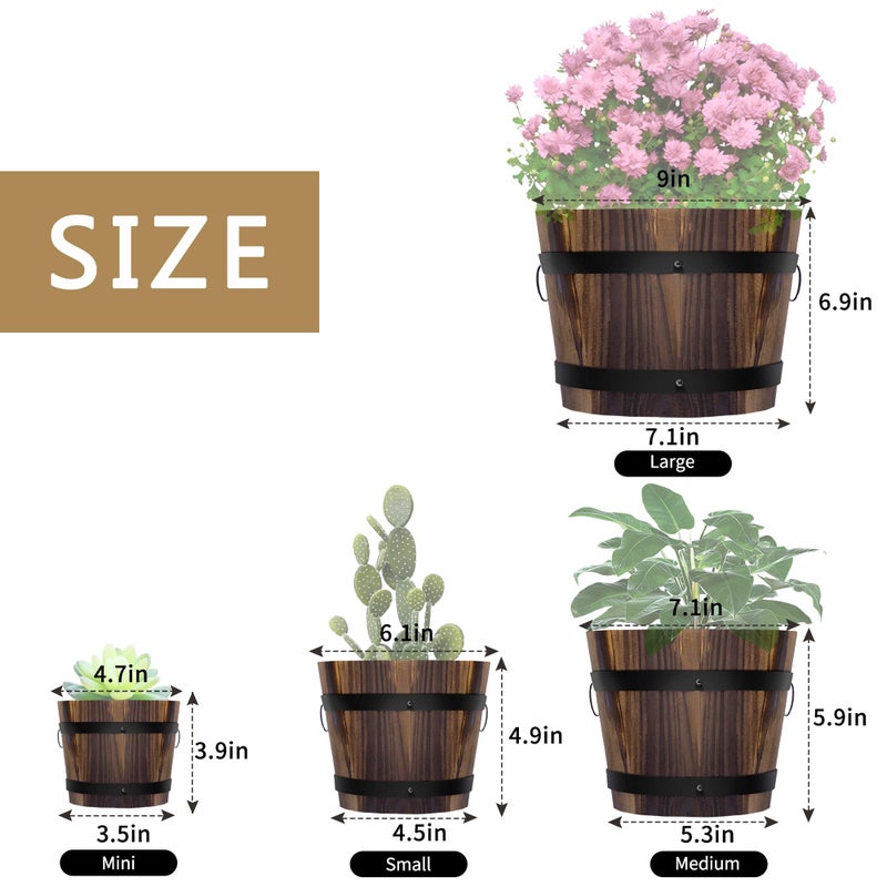Adnee 4 Pack Wooden Whiskey Barrel Planters - 4 Sizes Wooden Bucket Barrel Garden Planters Set - Rustic Flower Planters Pots Container for Indoor Outdoor Garden Home Plants(4.7",6.1",7.1",9") - Image 2