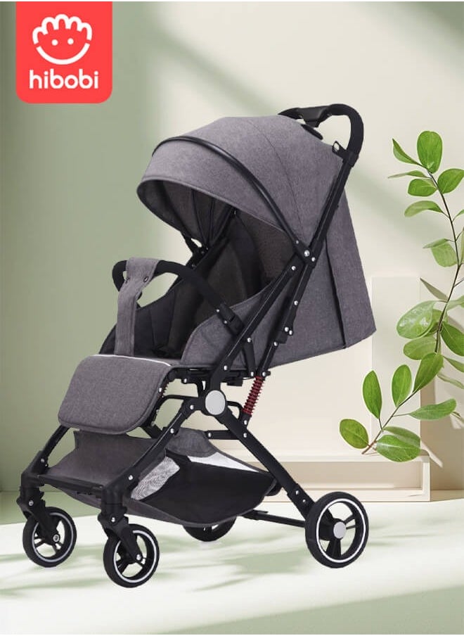hibobi - Lightweight Baby Stroller | Excellent Suspension System | Large Canopy & Spacious Seat | 5-Point Harness | Large Storage Basket | Quick One-Click Folding | Suitable for 0-36 Months | Gray - Image 1