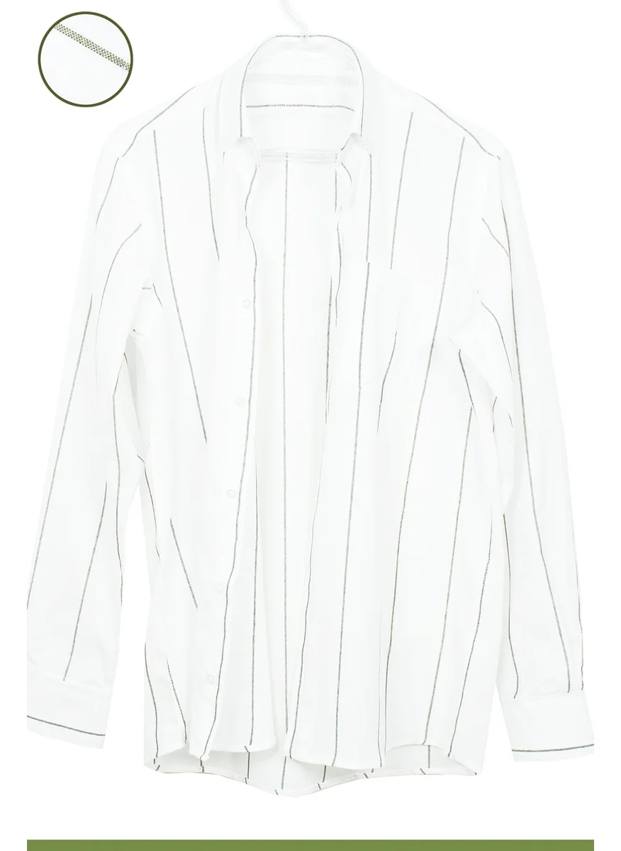 Varetta Men's White Green Striped Long Cufflink Collar Classic Cut Shirt