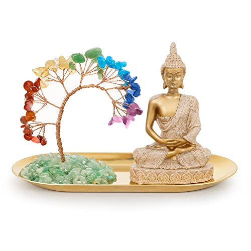 INNOLITES 7 Chakra Crystal Tree and Buddha Statue Set, Yoga Meditation Decor, Money Tree and Buda Statues for Home Living Room Office Shelf Decoration Wealth and Luck - Image 1