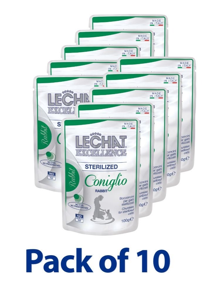LeChat Excellence by Monge | Sterilised Cat Wet Food | with Tasty Rabbit Chunkies in Sauce | Supports Hydration & Weight Control | 100g Pouch | Made in Italy | Pack of 10