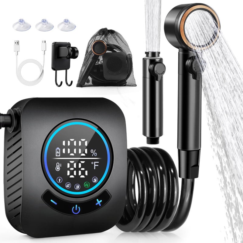 AUTOPkio Portable Shower 8000mAh Rechargeable Camping Shower Pump with 5 Speed Modes LED Display IPX8 Waterproof 10 Lmin Electric Outdoor Shower Kit for Travel Car RV Hiking Beach PetBlack - Image 2
