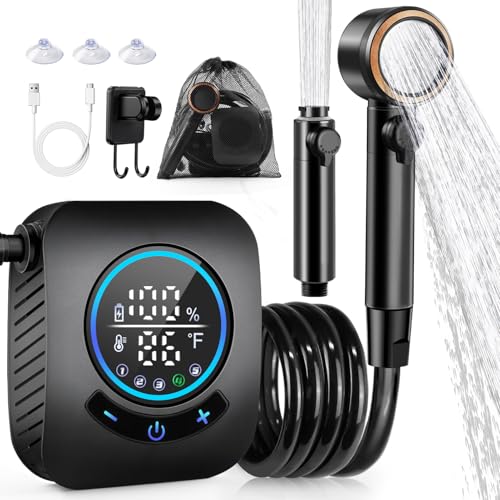 AUTOPkio Portable Shower 8000mAh Rechargeable Camping Shower Pump with 5 Speed Modes LED Display IPX8 Waterproof 10 Lmin Electric Outdoor Shower Kit for Travel Car RV Hiking Beach PetBlack - Image 1
