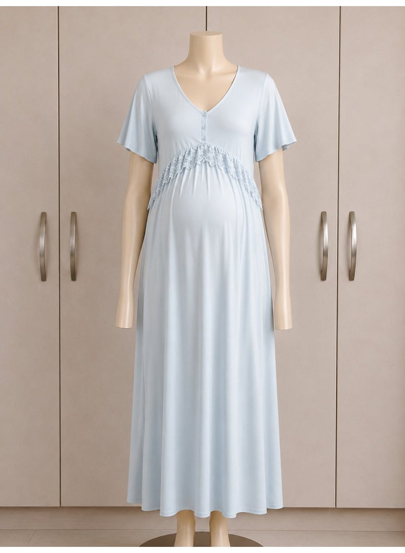 Lady Lingerie Long Maternity & Nursing Nightgown | Short Sleeve Button-Front Nightdress with Lace Detail | Soft Cotton Viscose Blend | Made in Turkey - Image 1