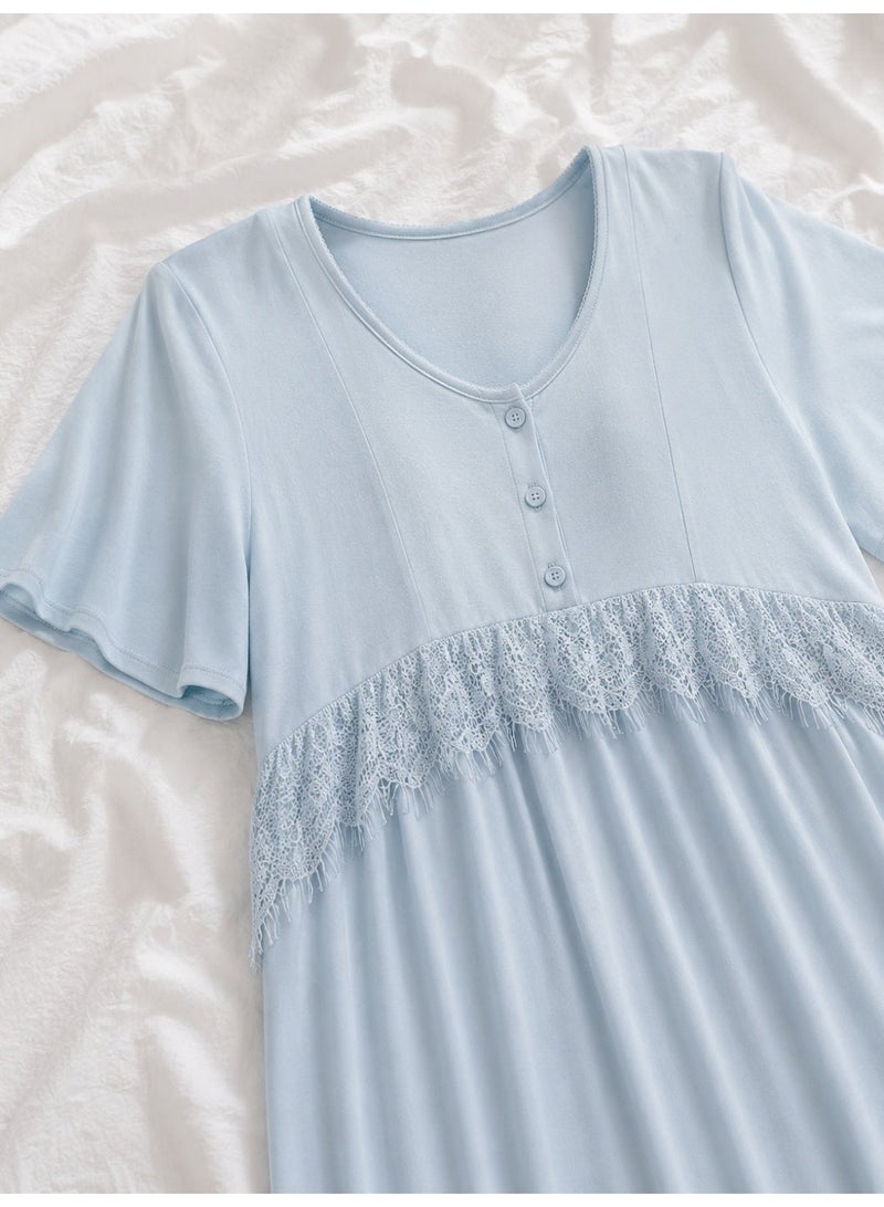 Lady Lingerie Long Maternity & Nursing Nightgown | Short Sleeve Button-Front Nightdress with Lace Detail | Soft Cotton Viscose Blend | Made in Turkey - Image 2