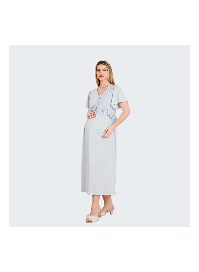 Lady Lingerie Long Maternity & Nursing Nightgown | Short Sleeve Button-Front Nightdress with Lace Detail | Soft Cotton Viscose Blend | Made in Turkey - Image 5