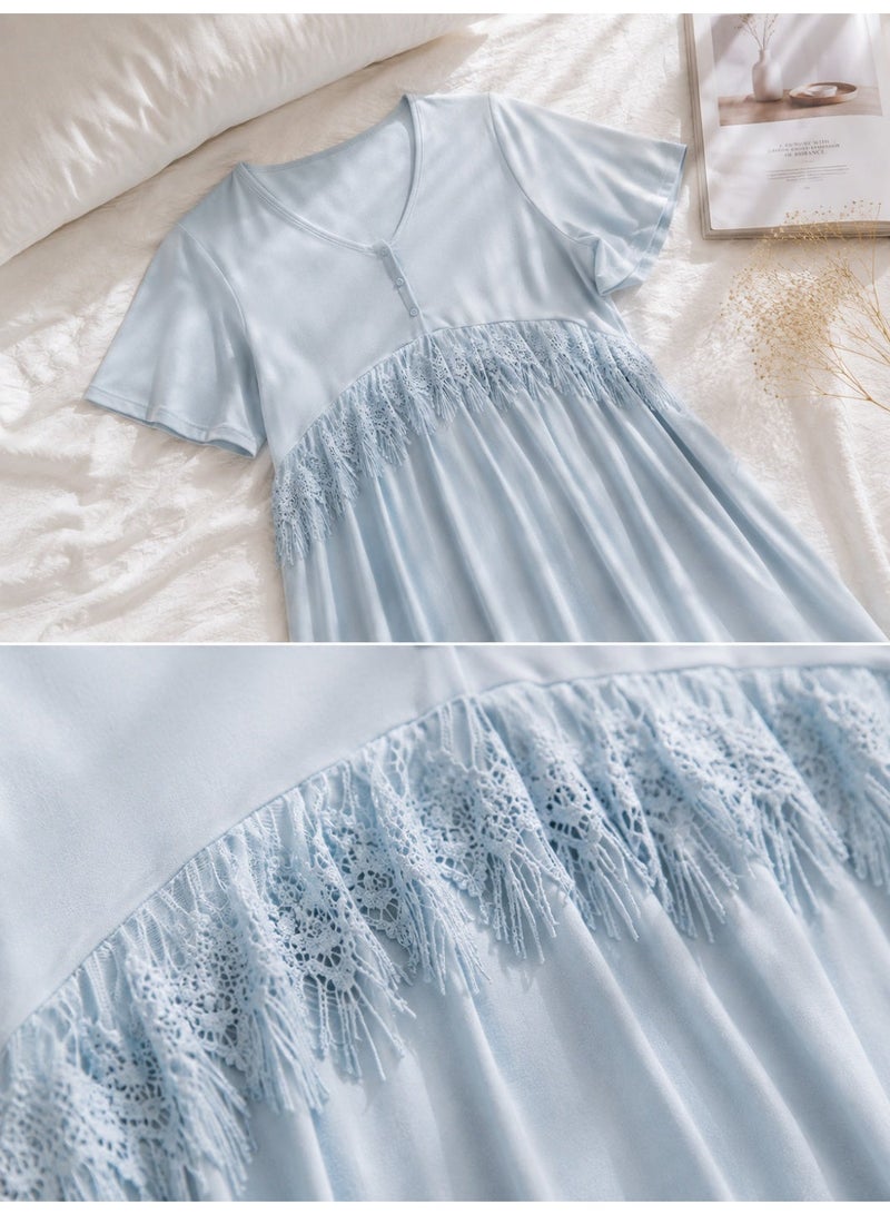 Lady Lingerie Long Maternity & Nursing Nightgown | Short Sleeve Button-Front Nightdress with Lace Detail | Soft Cotton Viscose Blend | Made in Turkey - Image 3