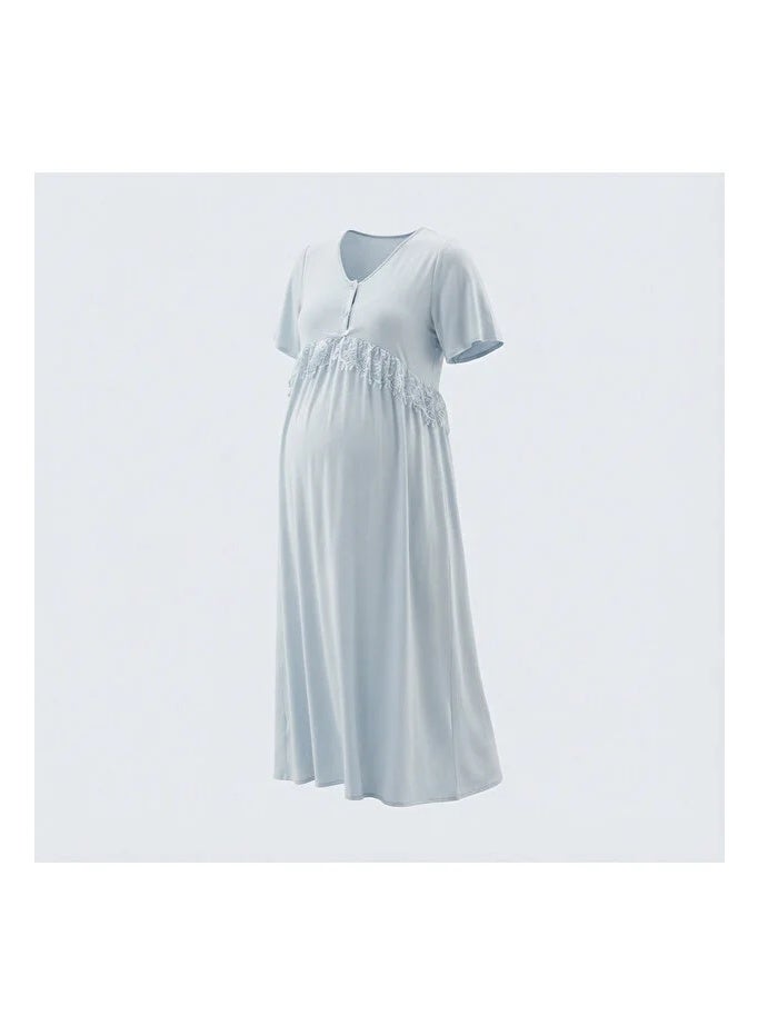 Lady Lingerie Long Maternity & Nursing Nightgown | Short Sleeve Button-Front Nightdress with Lace Detail | Soft Cotton Viscose Blend | Made in Turkey - Image 4
