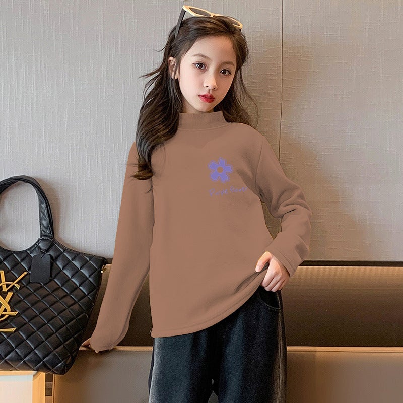 Y2329# Children'S Semi-High Collar Base Shirt Fleece-Lined Warm Long Sleeve T-Shirt For Boys And Girls - Image 1