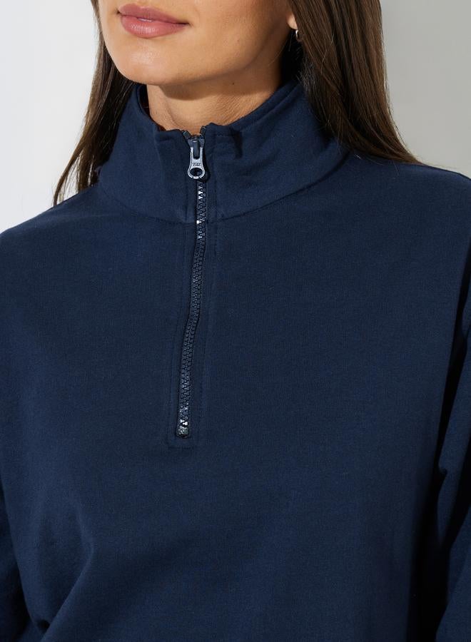 Styli Navy Blue Solid Regular Fit Half Zip Sweatshirt - Image 3