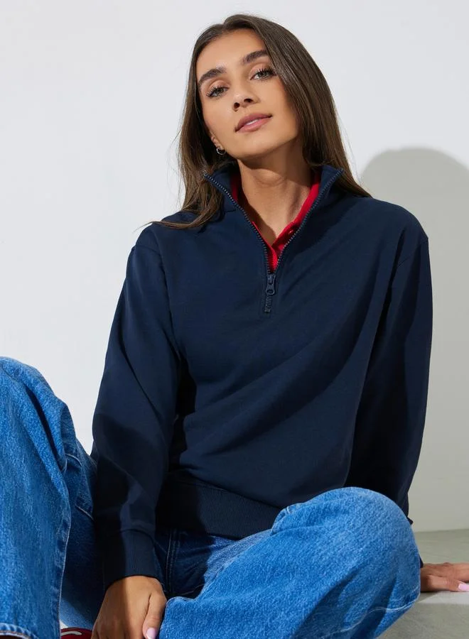 Styli Navy Blue Solid Regular Fit Half Zip Sweatshirt