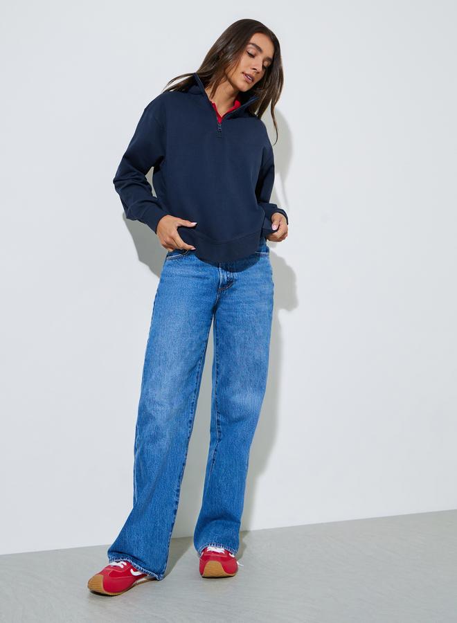 Styli Navy Blue Solid Regular Fit Half Zip Sweatshirt - Image 2