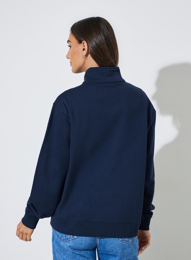 Styli Navy Blue Solid Regular Fit Half Zip Sweatshirt - Image 4