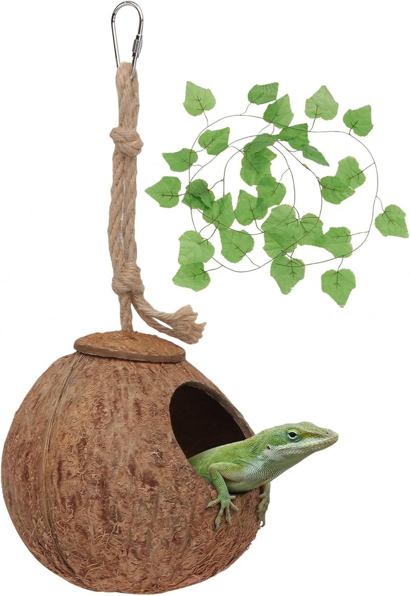 SUPVOX Hanging Coconut Hide Lizard Hut Reptiles Hideout Nest Seagrass Material for Small Pet Nesting for Gecko - Image 1