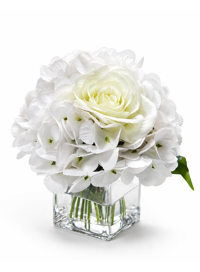 White Artificial Flowers with Vase Hydrangea Artificial Flowers in Vase Peony Faux Flowers in Vase with Faux Water Rose Silk Flowers Peonies Floral Arrangements Artificial with Vase for Home Office Table Shelf Decor - Image 3