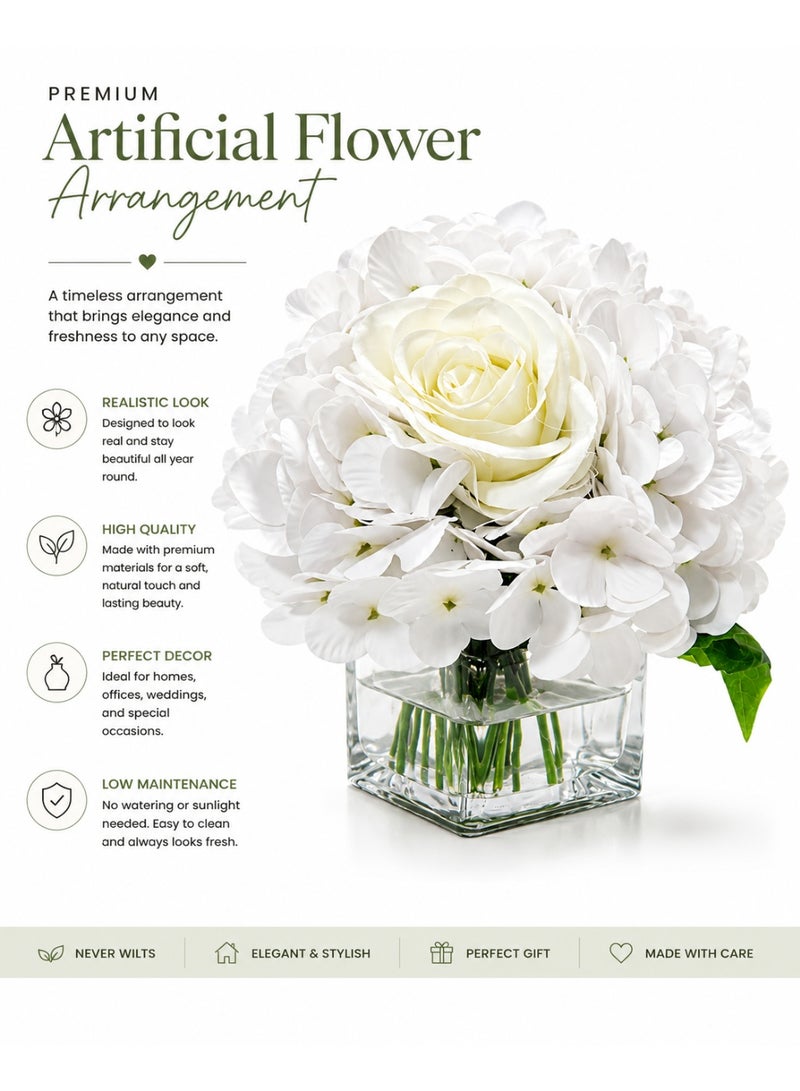 White Artificial Flowers with Vase Hydrangea Artificial Flowers in Vase Peony Faux Flowers in Vase with Faux Water Rose Silk Flowers Peonies Floral Arrangements Artificial with Vase for Home Office Table Shelf Decor - Image 2