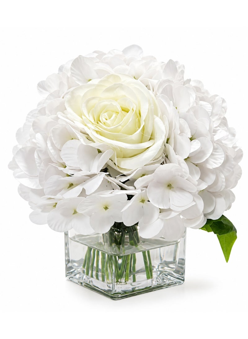 White Artificial Flowers with Vase Hydrangea Artificial Flowers in Vase Peony Faux Flowers in Vase with Faux Water Rose Silk Flowers Peonies Floral Arrangements Artificial with Vase for Home Office Table Shelf Decor - Image 1