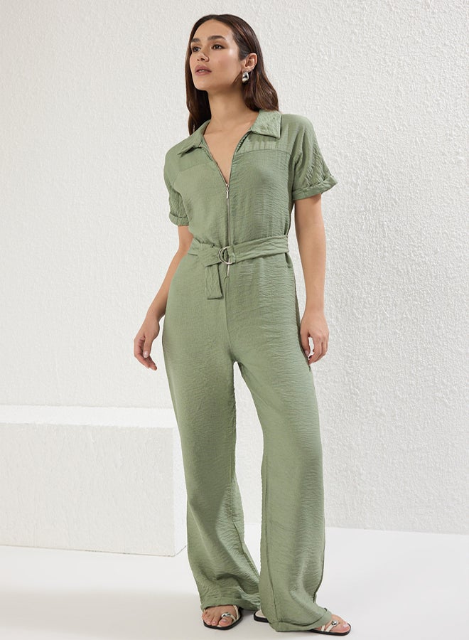 trendyol Khaki Belted Wide Leg Zipper Detail Shirt Collar Overalls - Image 3